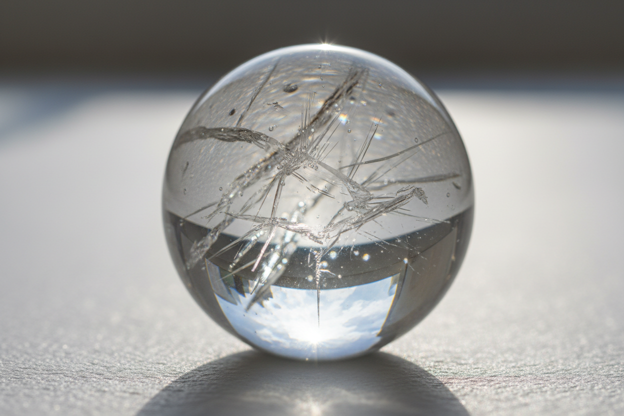 生成一个天然白水晶球的实物近景图